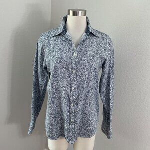 Chaps Womens Medium Blue Paisley No Iron Cotton Button Up Shirt Long Sleeve